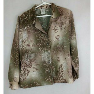 Allison Daley Petites Green & Tan Long Sleeve Shirt With Floral Design Size 10P